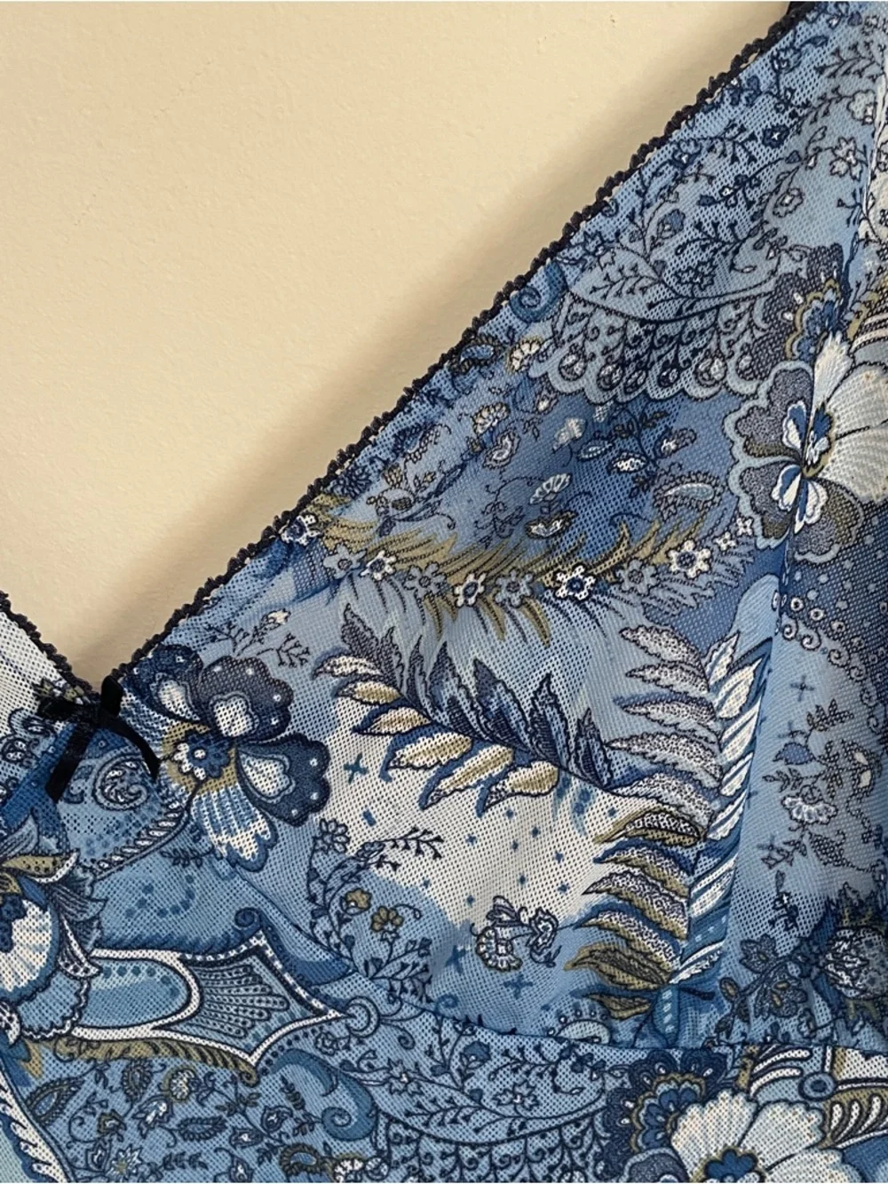 Vintage Blue Floral Satin Slip Chemise with Navy Straps - Picture 7 of 11